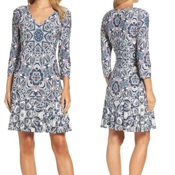 Eliza J Multicolor Printed A-Line 3/4 Sleeve V-Neck Dress Size 16 Nwot